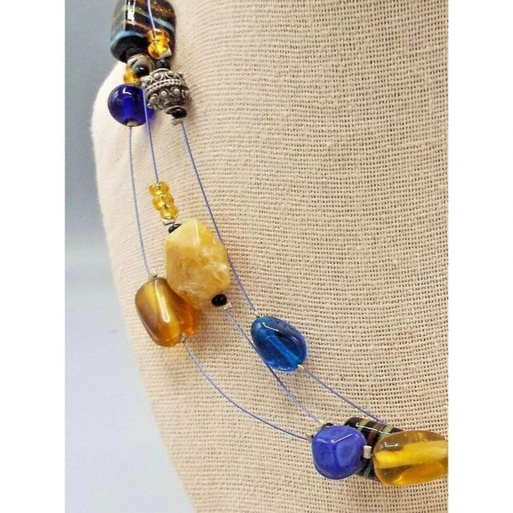 Chico's Bohemian Triple Strand Wire Glass Blue Citrine Bead Short 20